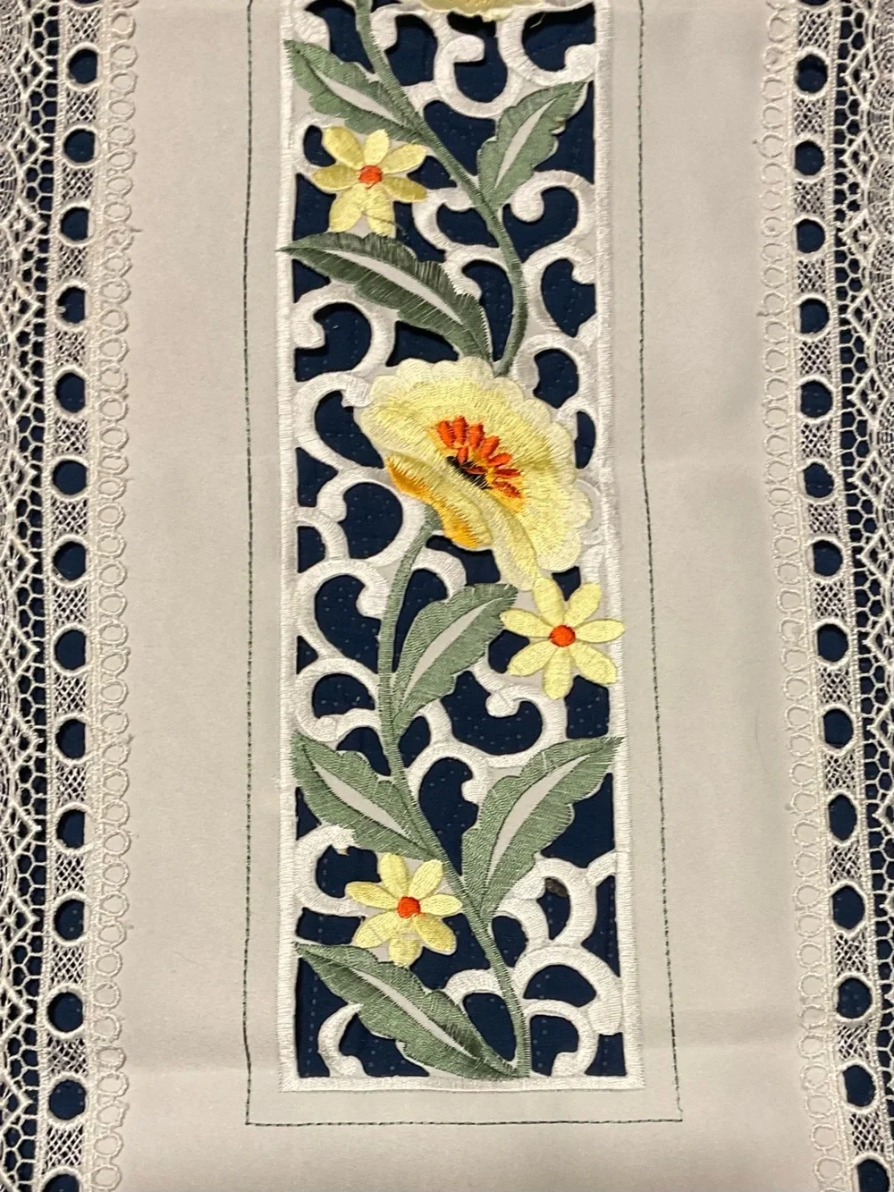 Cream Embroidered Floral Table Runner Cutout Lace - Yellow Flower Detail 50”